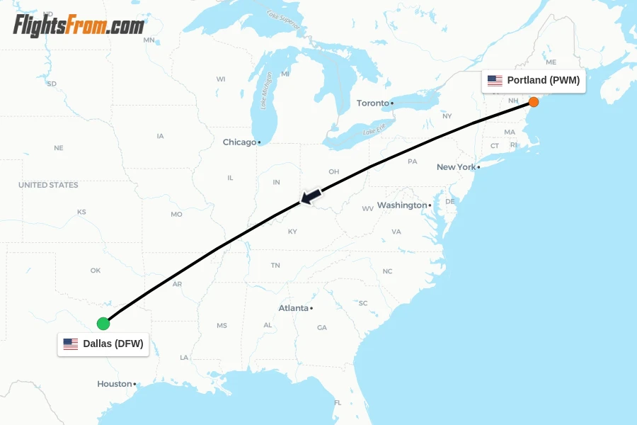 Flights from Portland to Dallas route map