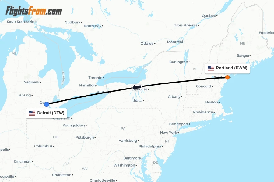 Flights from Portland to Detroit route map