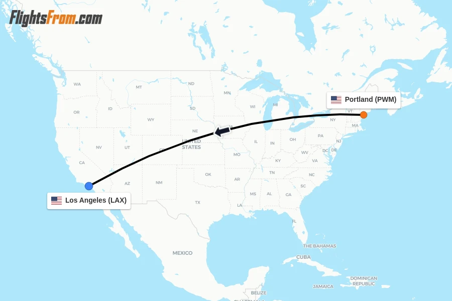 Flights from Portland to Los Angeles route map