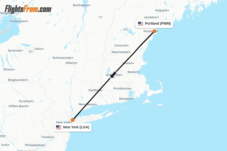 Flights from Portland to New York route map