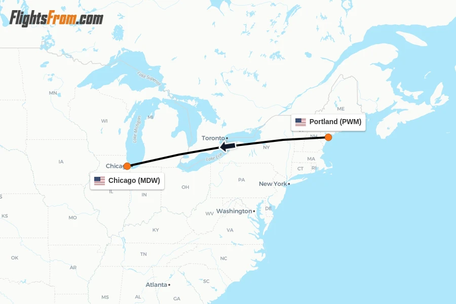 Flights from Portland to Chicago route map