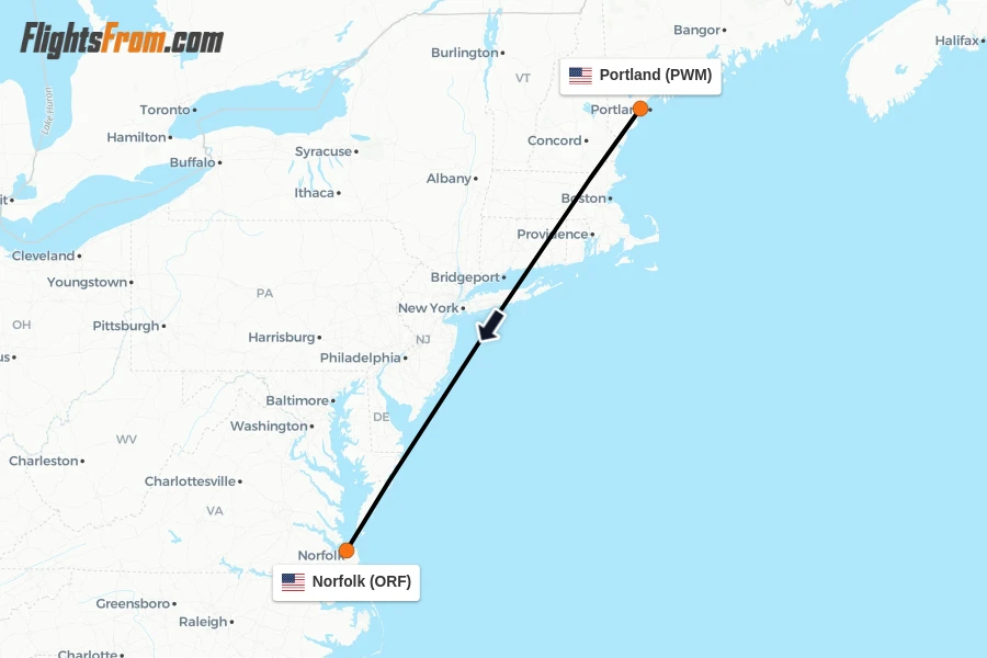 Flights from Portland to Norfolk route map