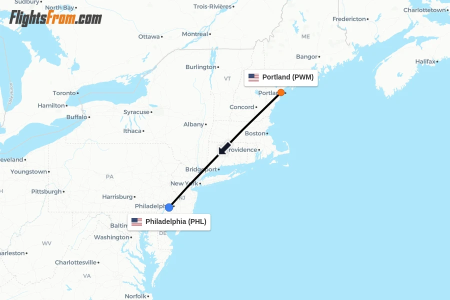 Flights from Portland to Philadelphia route map
