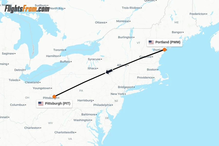 Flights from Portland to Pittsburgh route map