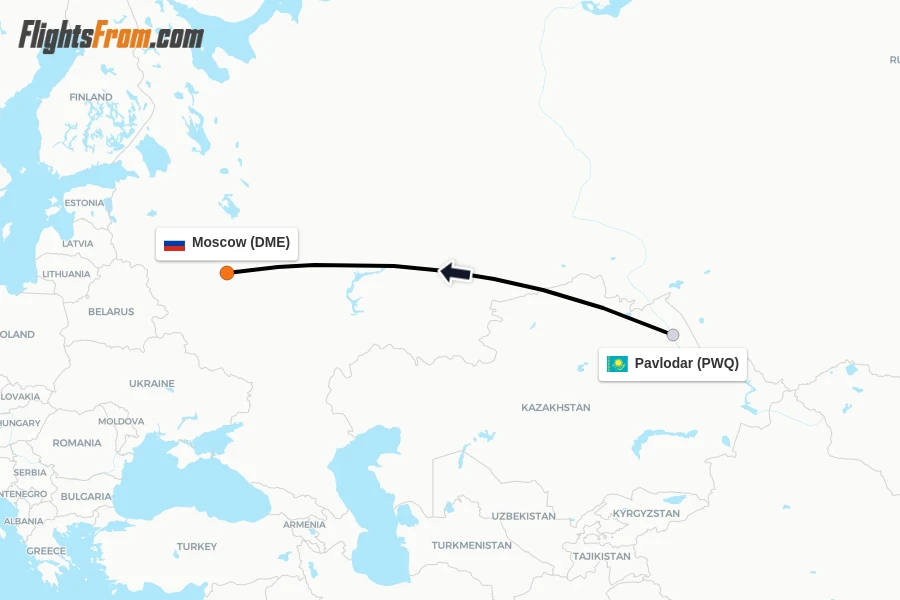 Flights from Pavlodar to Moscow route map
