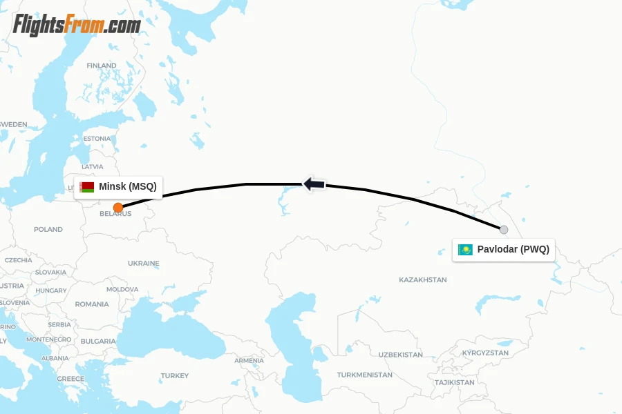 Flights from Pavlodar to Minsk route map