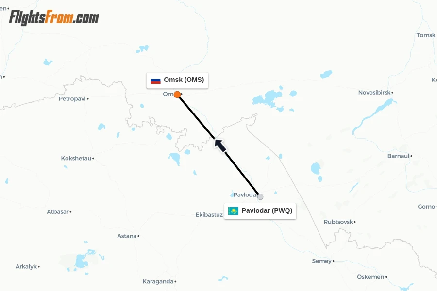 Flights from Pavlodar to Omsk route map