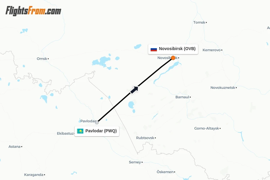 Flights from Pavlodar to Novosibirsk route map