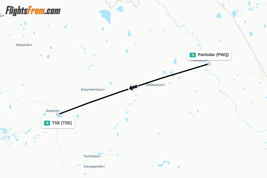 Flights from Pavlodar to TSE route map