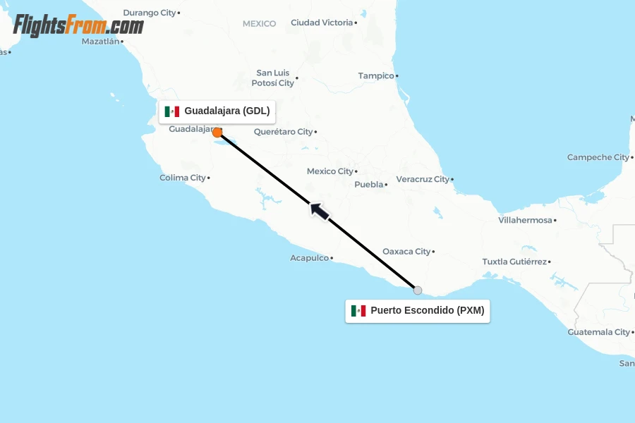 Flights from Puerto Escondido to Guadalajara route map