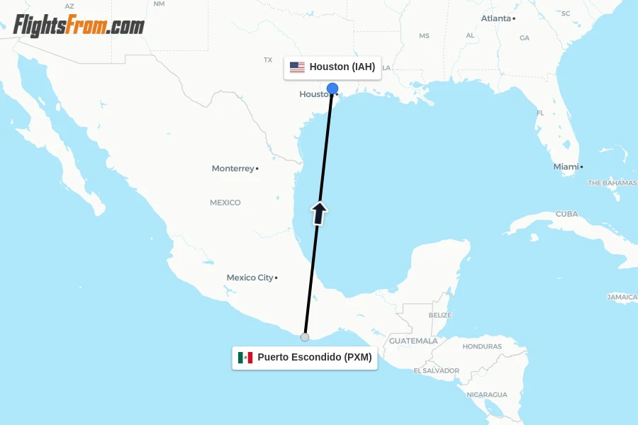 Flights from Puerto Escondido to Houston route map