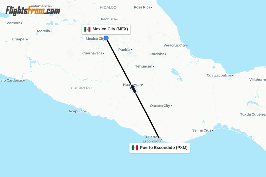 Flights from Puerto Escondido to Mexico City route map