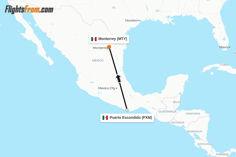 Flights from Puerto Escondido to Monterrey route map