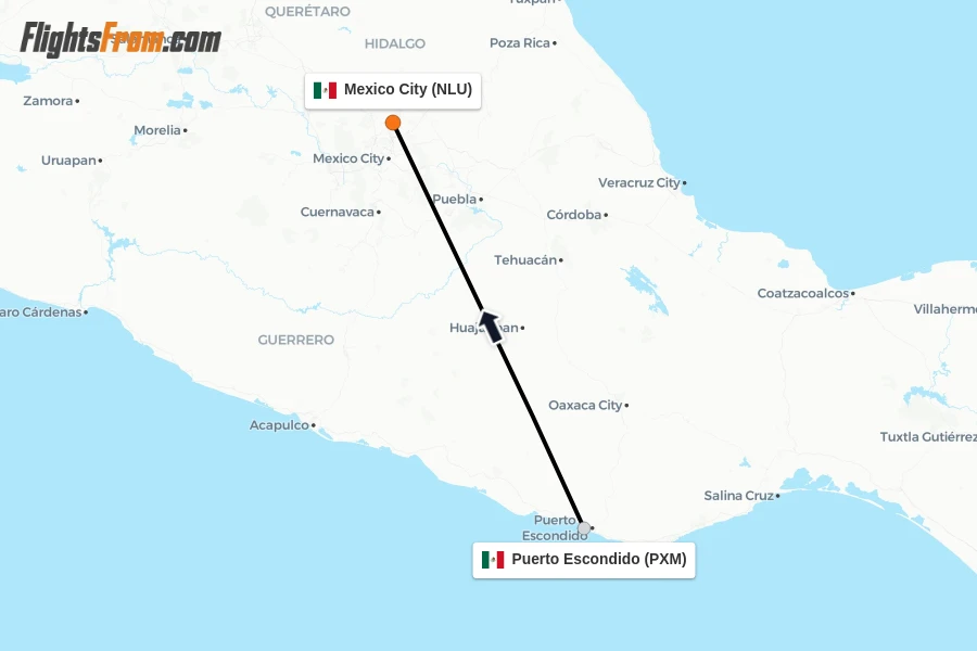 Flights from Puerto Escondido to Mexico City route map