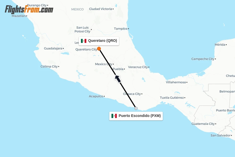 Flights from Puerto Escondido to Queretaro route map