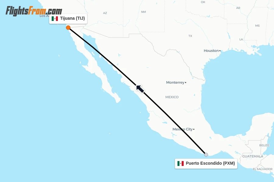 Flights from Puerto Escondido to Tijuana route map