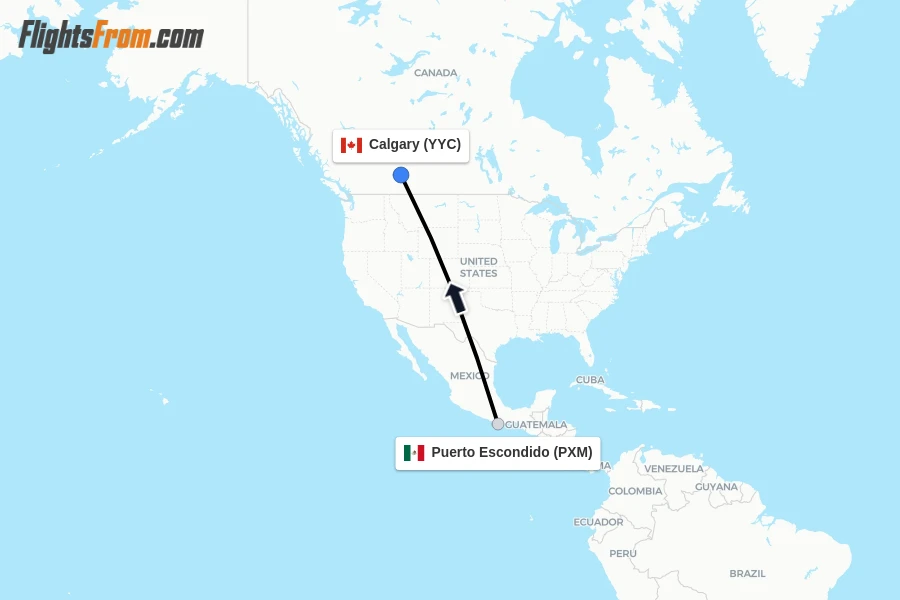 Flights from Puerto Escondido to Calgary route map