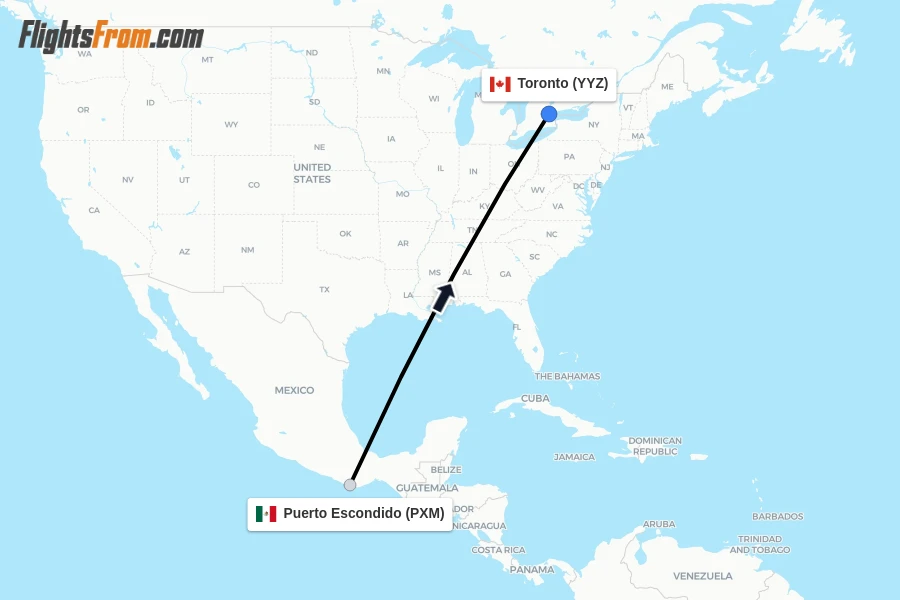 Flights from Puerto Escondido to Toronto route map
