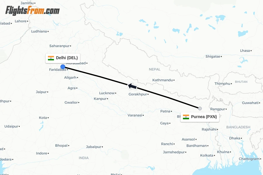 Flights from Purnea to Delhi route map