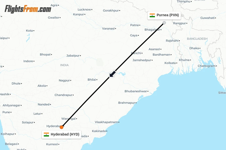 Flights from Purnea to Hyderabad route map