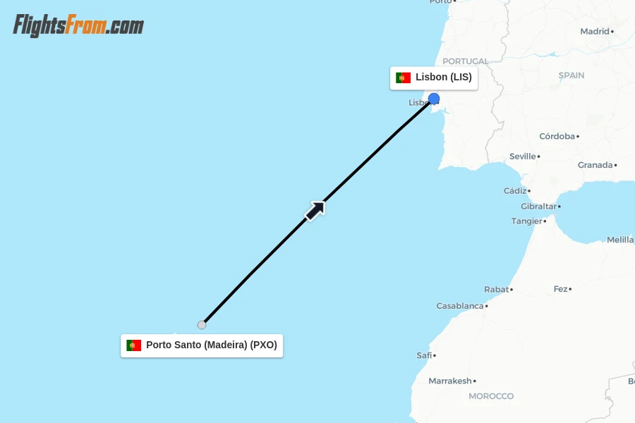 Flights from Porto Santo (Madeira) to Lisbon route map