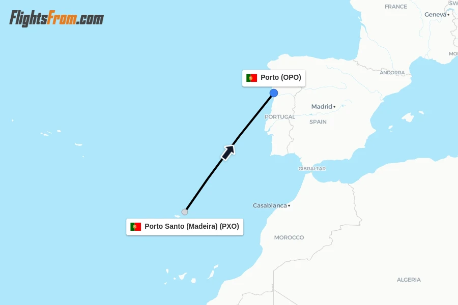 Flights from Porto Santo (Madeira) to Porto route map