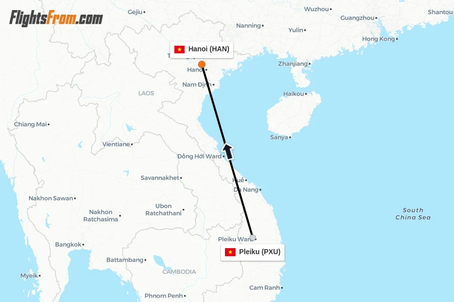 Flights from Pleiku to Hanoi route map