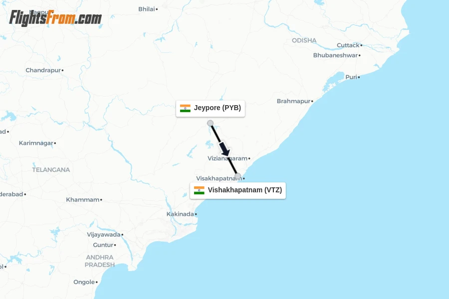 Flights from Jeypore to Vishakhapatnam route map