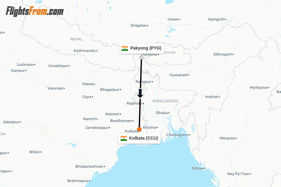 Flights from Pakyong to Kolkata route map