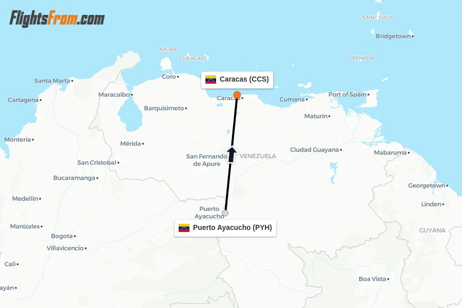 Flights from Puerto Ayacucho to Caracas route map