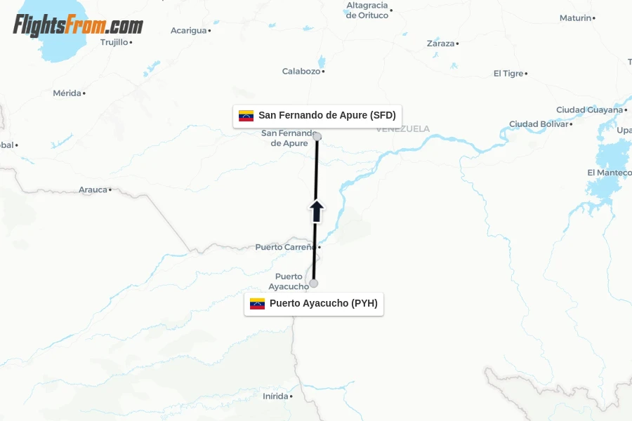 Flights from Puerto Ayacucho to San Fernando de Apure route map