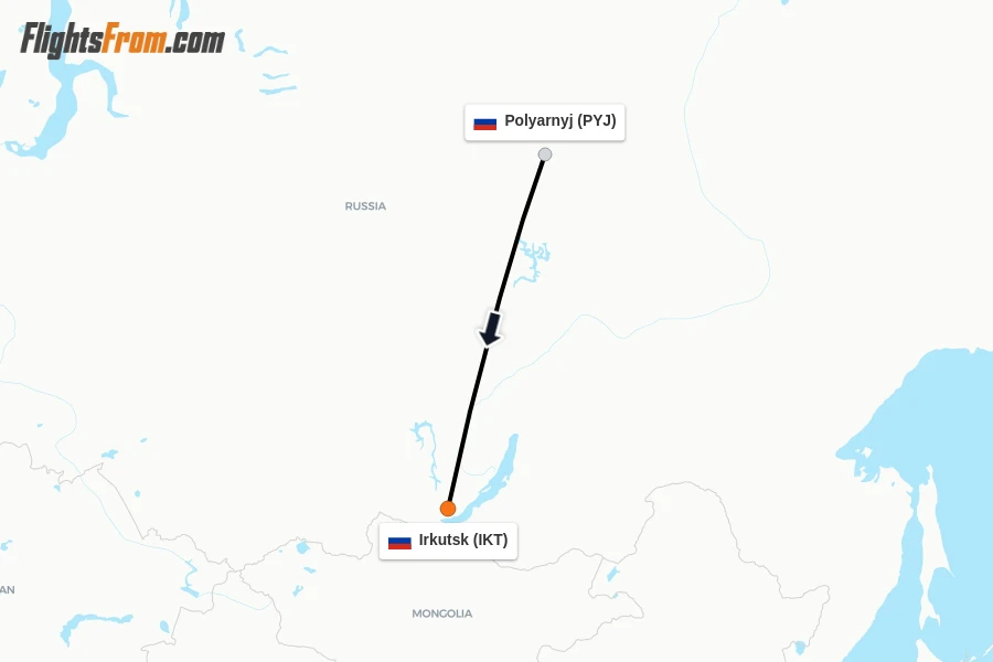 Flights from Polyarnyj to Irkutsk route map