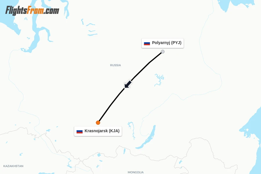 Flights from Polyarnyj to Krasnojarsk route map