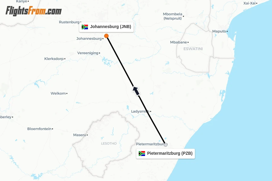 Flights from Pietermaritzburg to Johannesburg route map