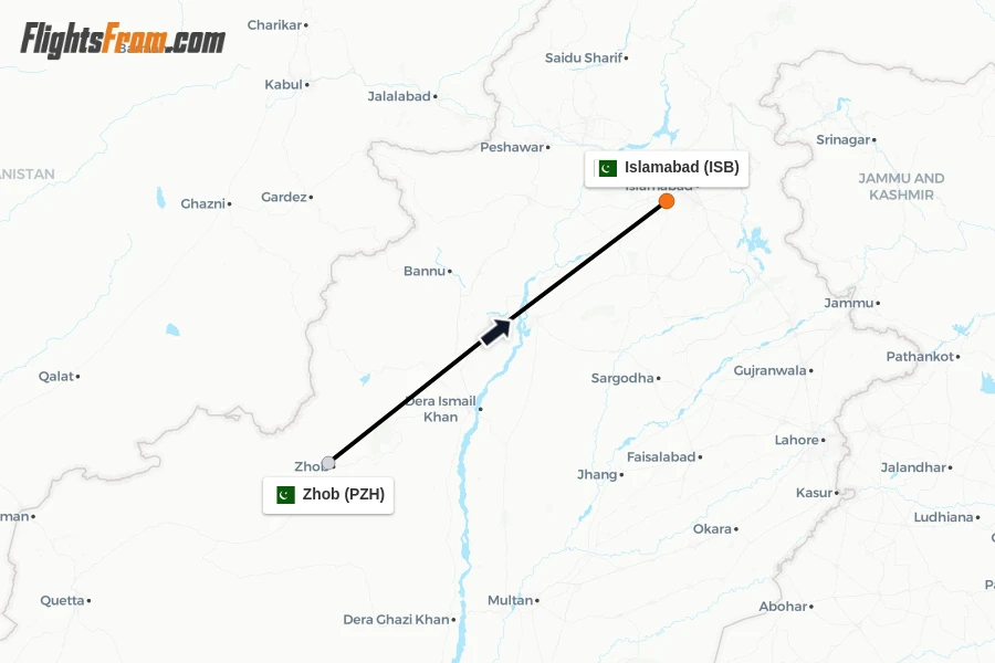 Flights from Zhob to Islamabad route map