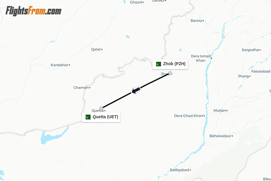 Flights from Zhob to Quetta route map