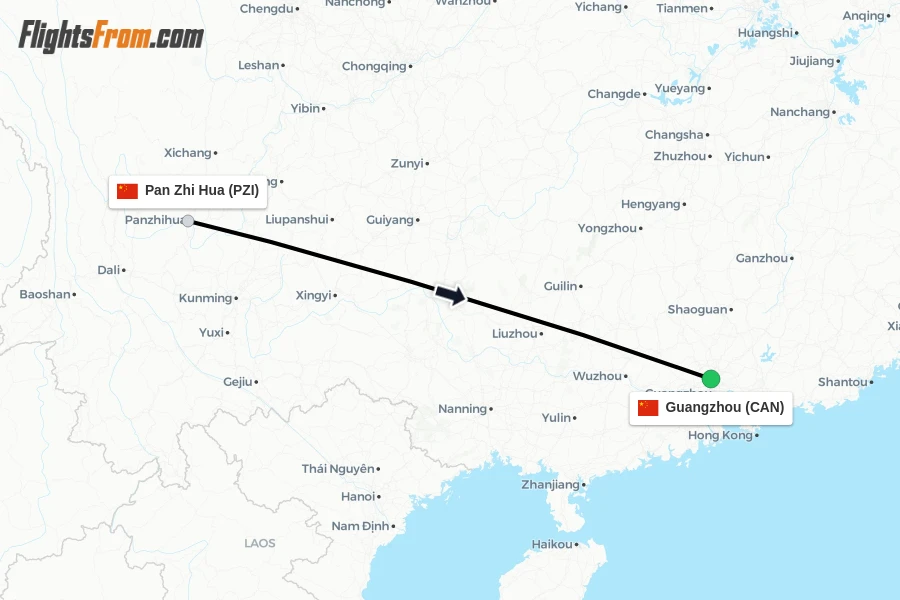 Flights from Pan Zhi Hua to Guangzhou route map