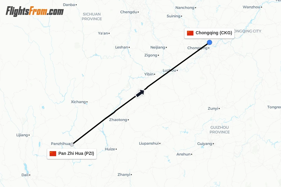 Flights from Pan Zhi Hua to Chongqing route map