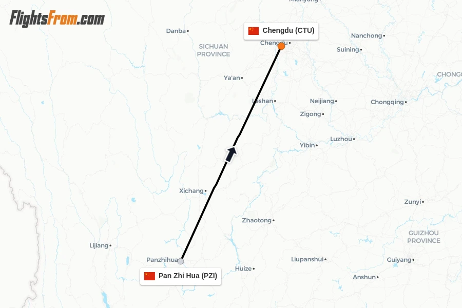 Flights from Pan Zhi Hua to Chengdu route map