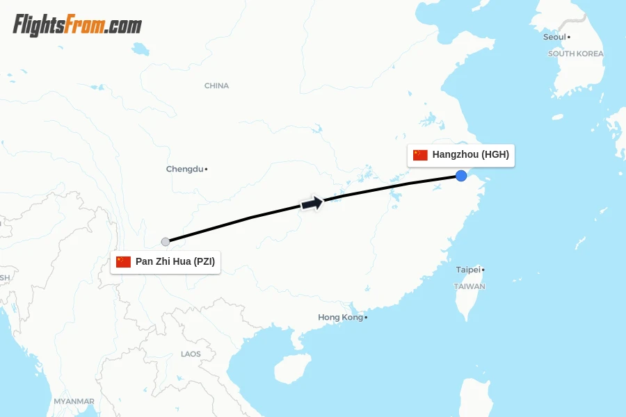 Flights from Pan Zhi Hua to Hangzhou route map