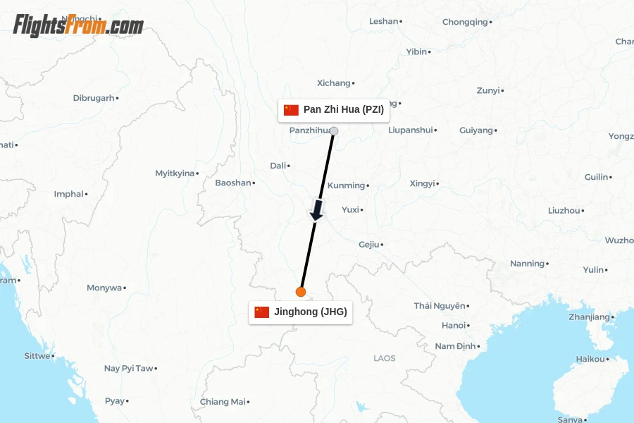 Flights from Pan Zhi Hua to Jinghong route map