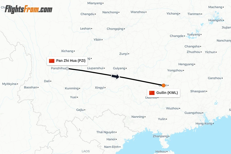 Flights from Pan Zhi Hua to Guilin route map