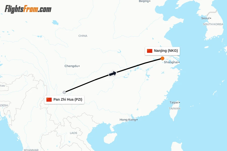 Flights from Pan Zhi Hua to Nanjing route map