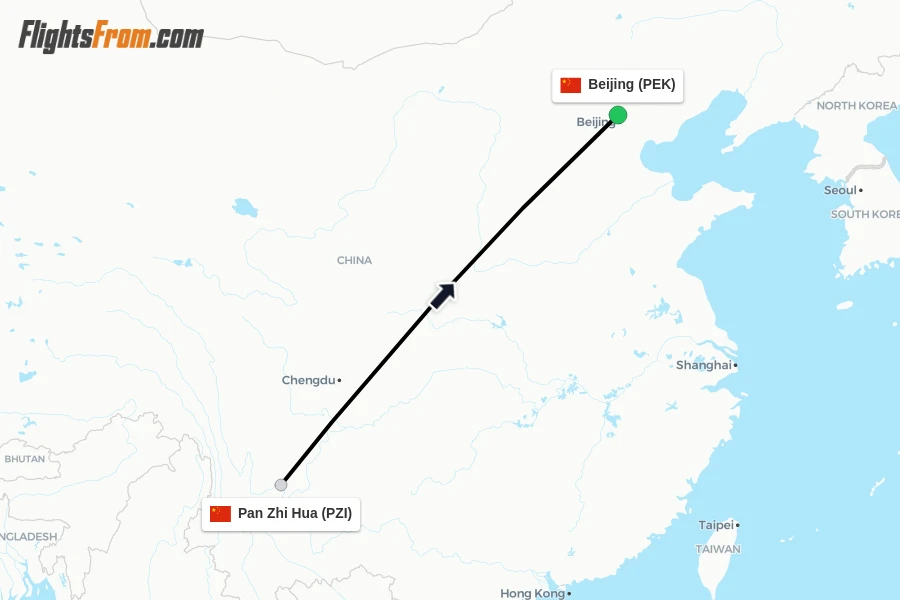 Flights from Pan Zhi Hua to Beijing route map