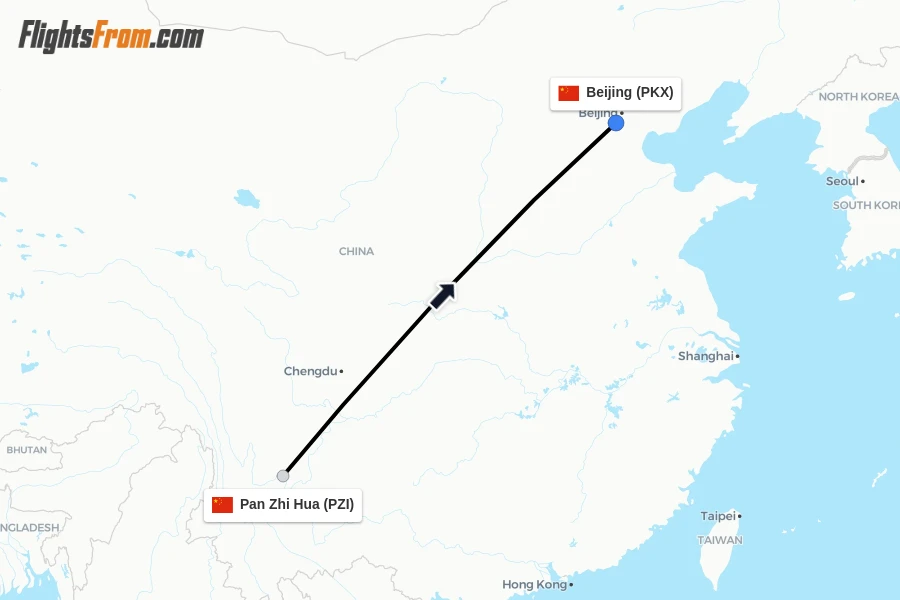 Flights from Pan Zhi Hua to Beijing route map