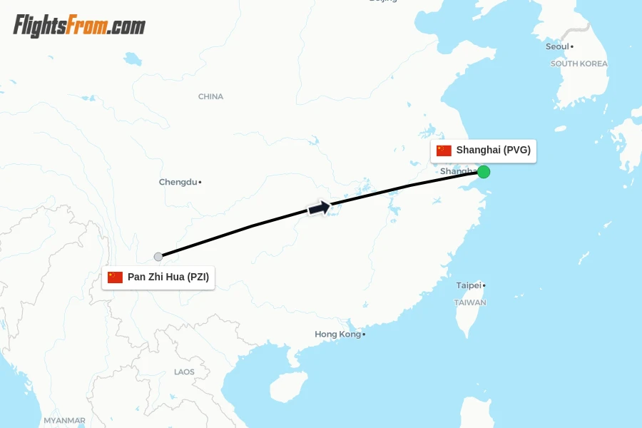 Flights from Pan Zhi Hua to Shanghai route map