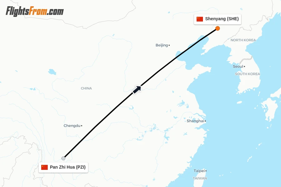 Flights from Pan Zhi Hua to Shenyang route map