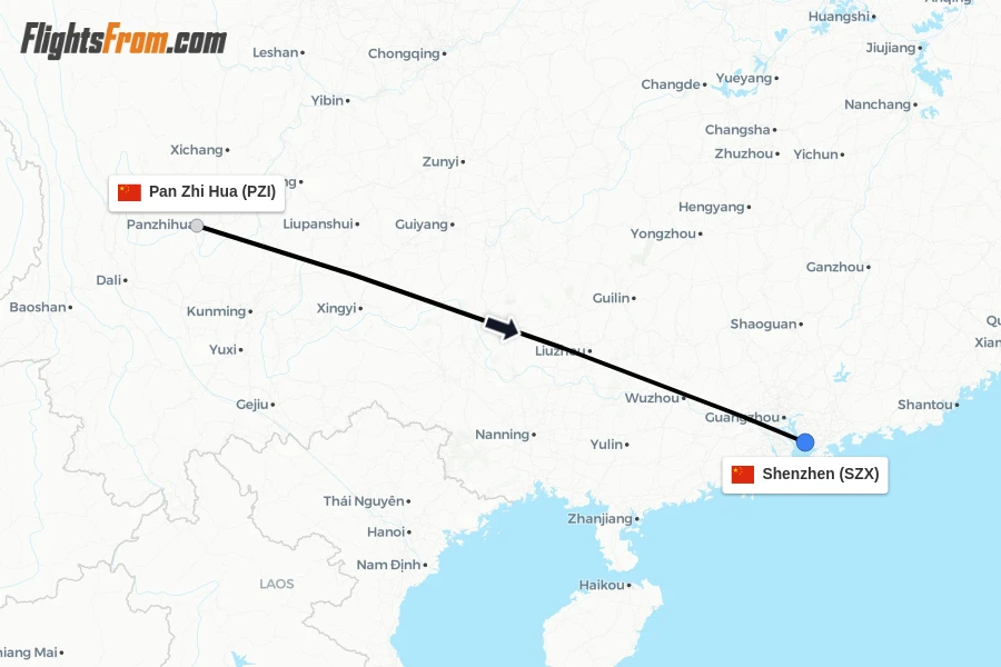 Flights from Pan Zhi Hua to Shenzhen route map