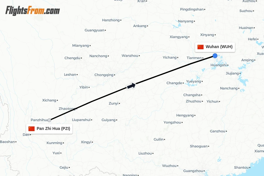 Flights from Pan Zhi Hua to Wuhan route map