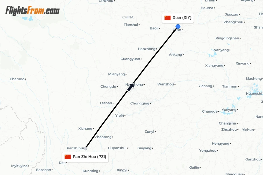 Flights from Pan Zhi Hua to Xian route map